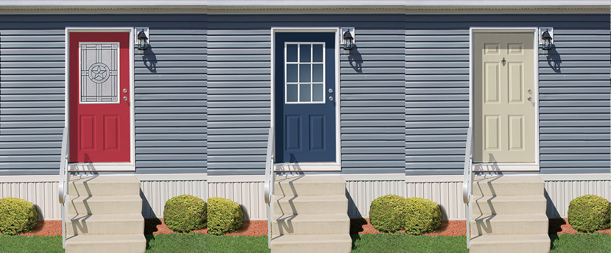 front of manufactured home with three different door options. 